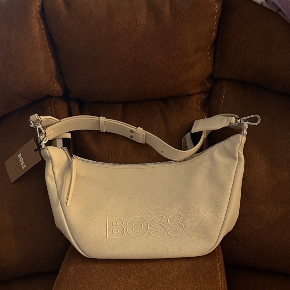 Boss Cream Shoulder Bag with Embossed Logo